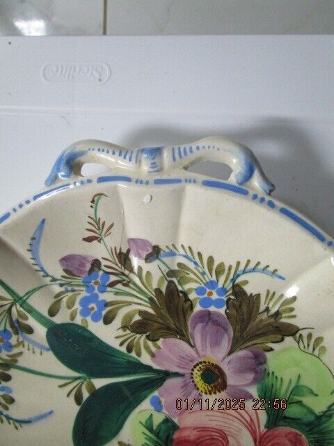 ITALIAN MAJOLICA TRAY FLOWERS TWO HANDLES 12" ^^