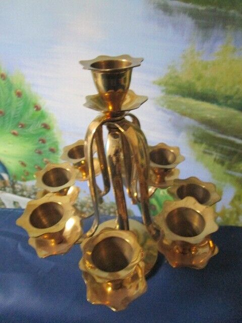 BRASS CANDLE HOLDER MENORAH 9 LIGHT PILLAR CANDLES STYLE 7 1/2" H^^