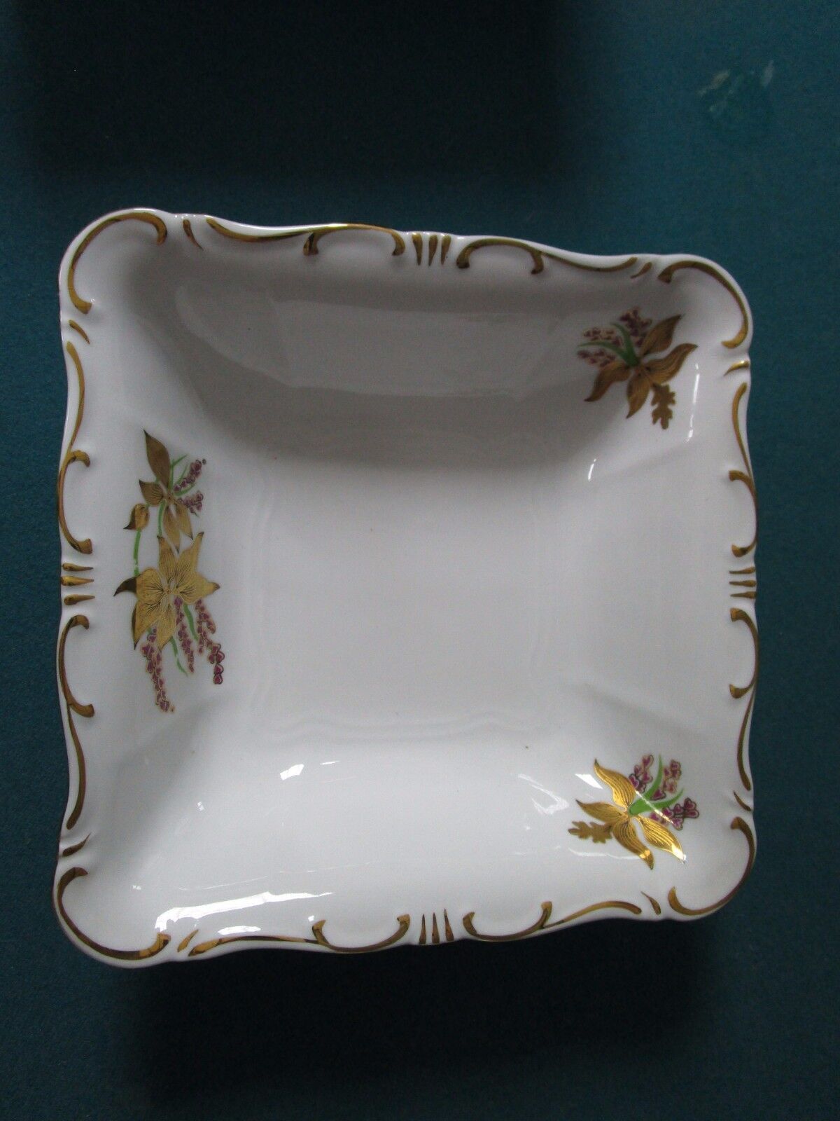 Zsolnay Hungary Square Bowl Golden Iris Flowers 1940s ^^