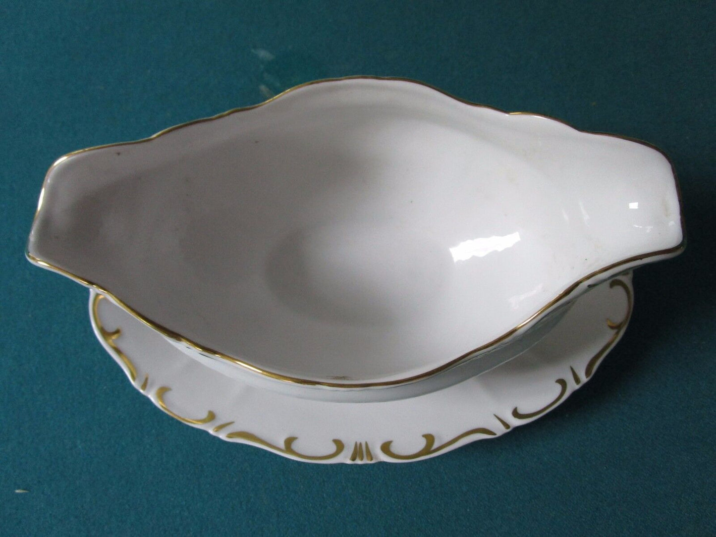 ZSOLNAY HUNGARY GRAVY BOAT WITH ATTACHED UNDERPLATE WHITE/GOLD ACCENTS 1960s