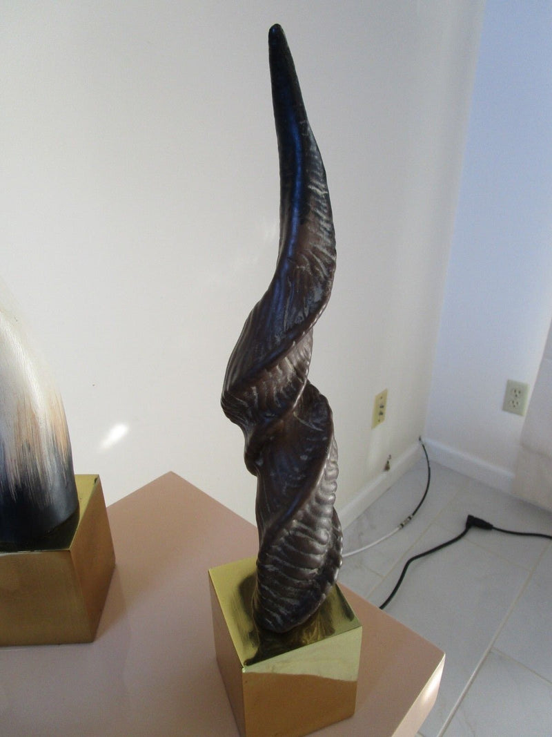 SET OF CERAMIC DECORATIVE HORNS WITH BRASS BASE 24" TO 14" TALL rare