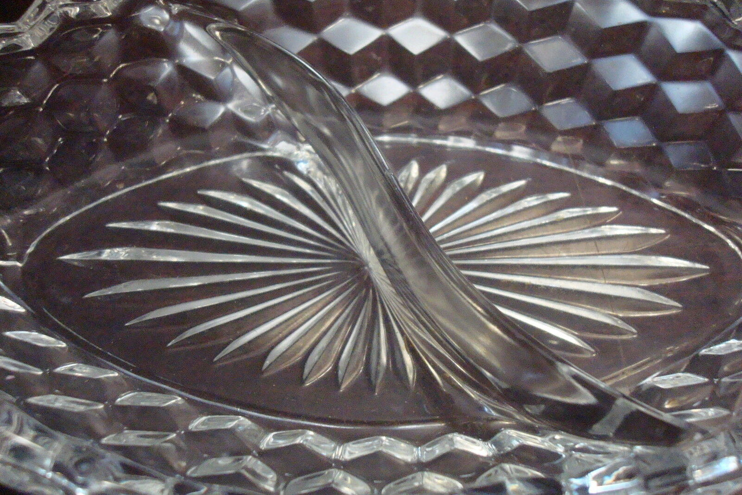 American WHITEHALL CUBIST Pattern glass relish oval tray two handles [GL-13]