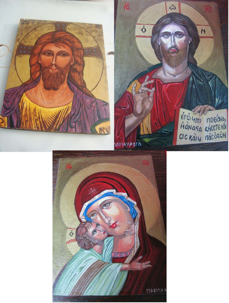 ORIGINAL ICON OIL PAINTING ON BOARD JESUS MADONNA SIGNED CERTIFICATES ^^