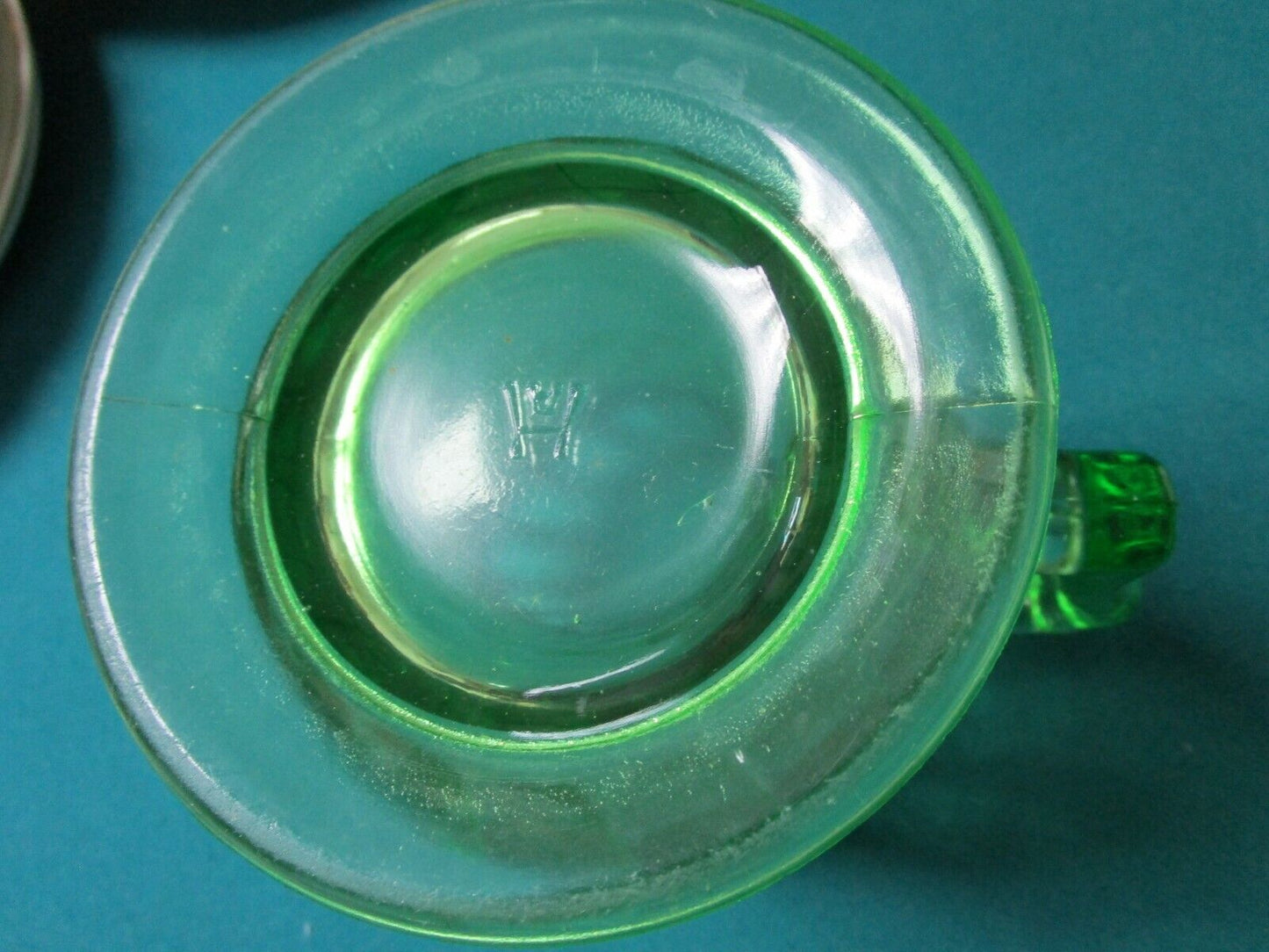 URANIO HAZEL ATLAS GREEN VASELINE GLASS PITCHER DECANTER GLASSES ESBO RARE PICK1