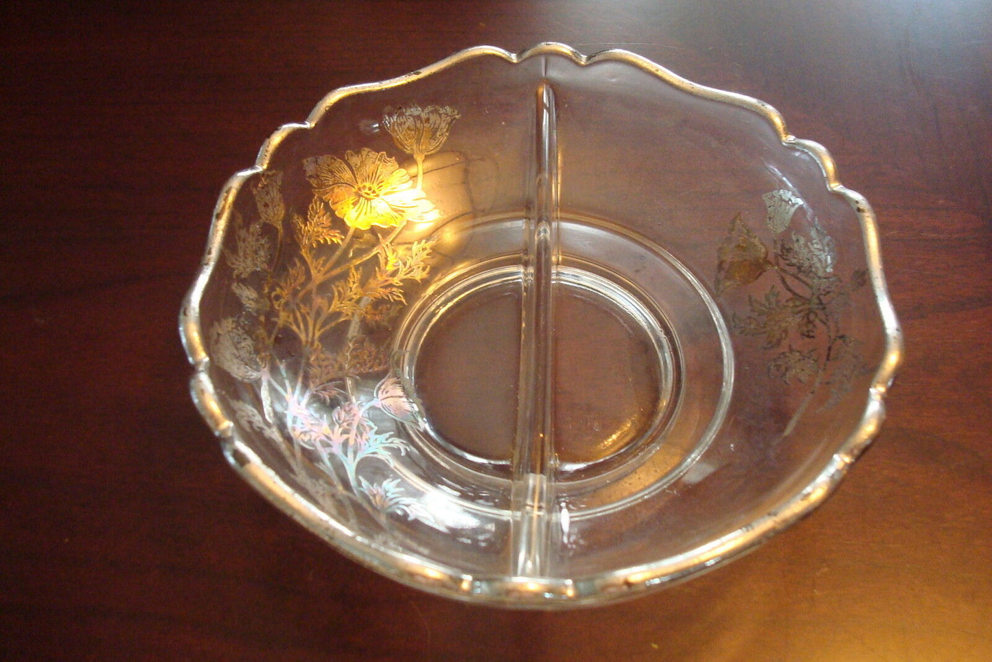 Vintage  Glass Crystal 2 division Fluted Bowl Sterling Overlay [GL17]