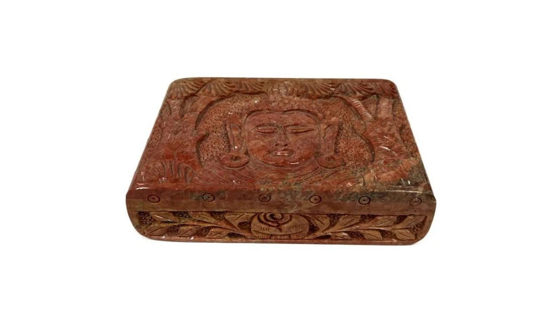 Asian BUDDHIST HANDCARVED HINGED Marble Box  TRINKET Tibet Buddha  6" X 4"
