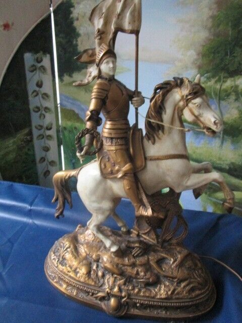 THEODORE DORIOT JOAN D'ARK ON HORSE SCULPTURE TABLE LAMP 30"