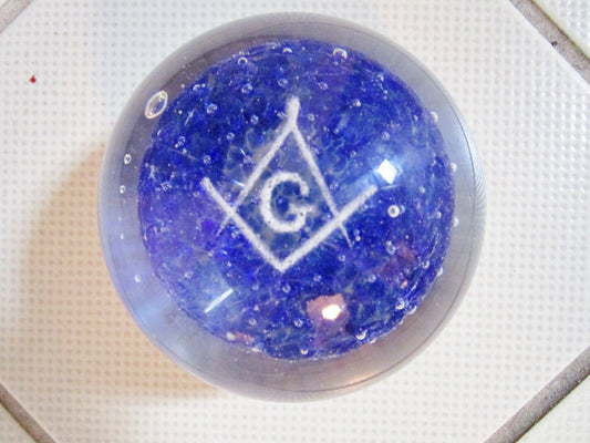 1960s Masonic blue Vintage Hand Made Blown Glass Paperweight 3 "