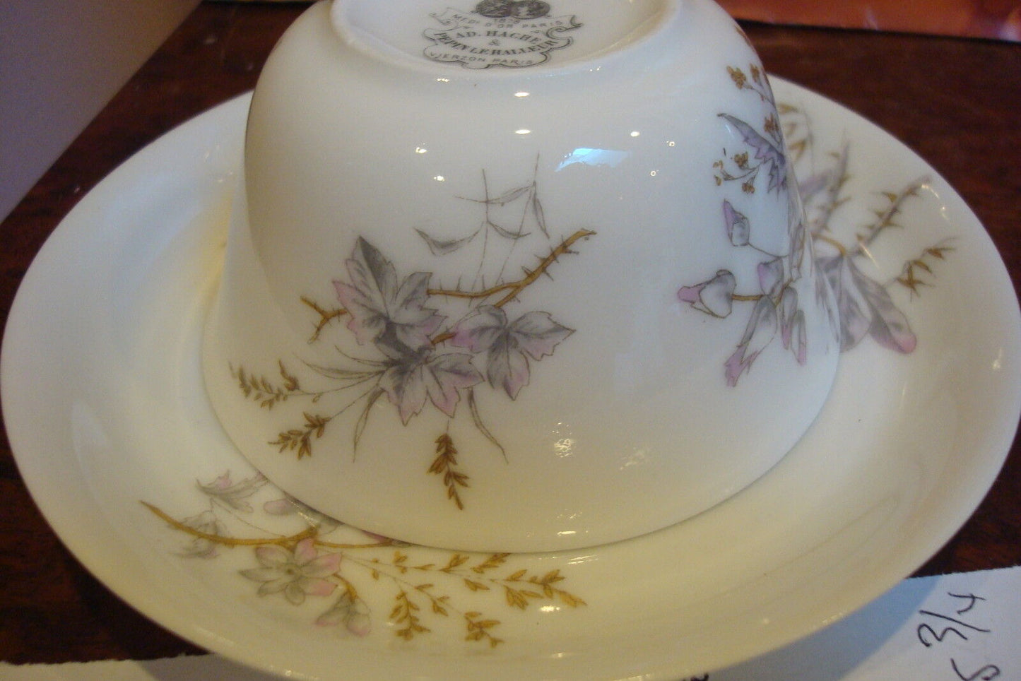 Adolphe Hache & Pepin LeHalleur, Paris c1870 cup /saucer,light purple flowers[a*