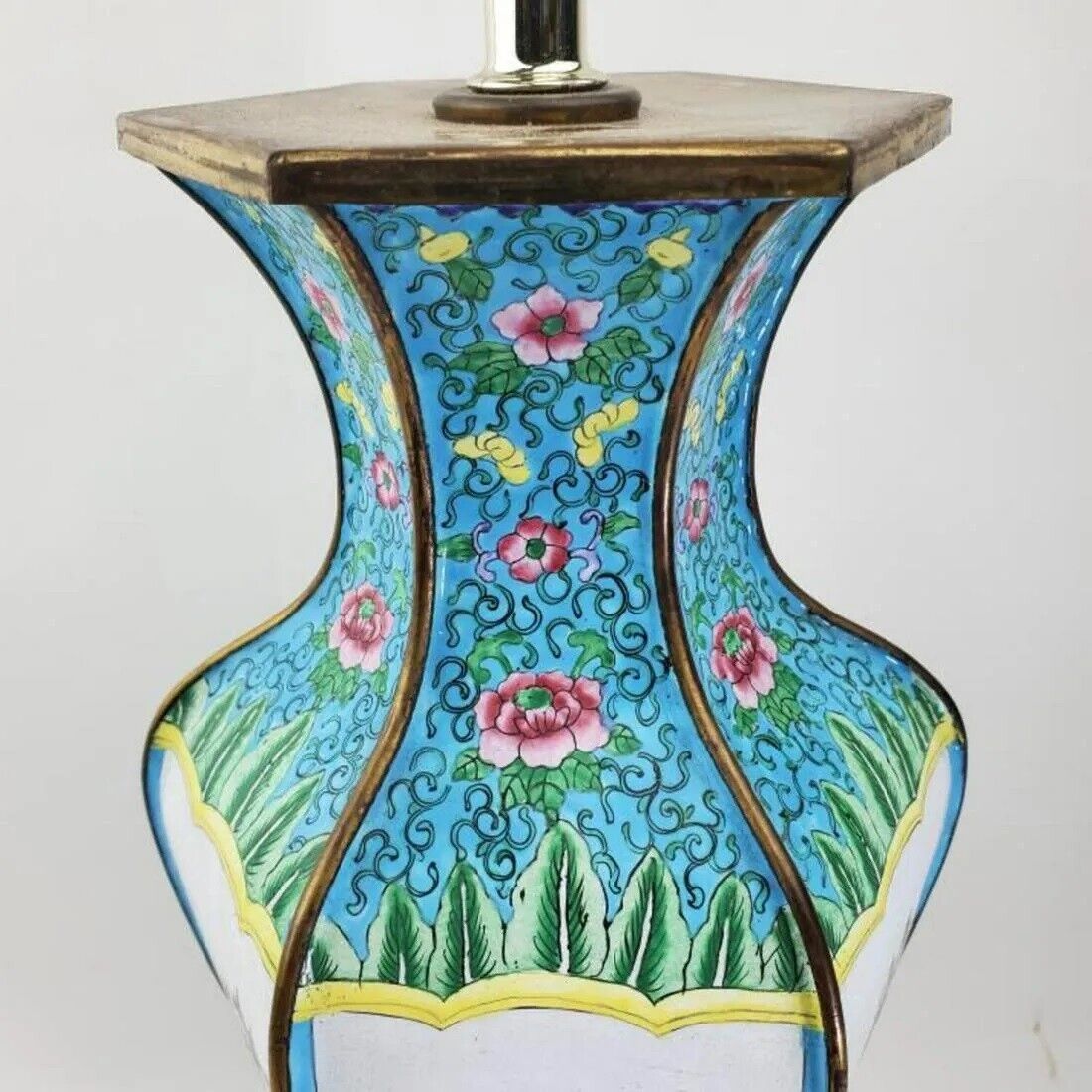 Vintage Chinese Enameled Metal Lamp on Original Wood Base