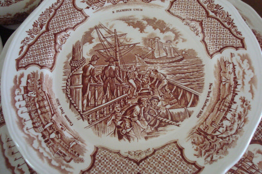 Alfred Meakin Staffordshire 9 plates- "USS Constitution Engaging Chinese Junks"