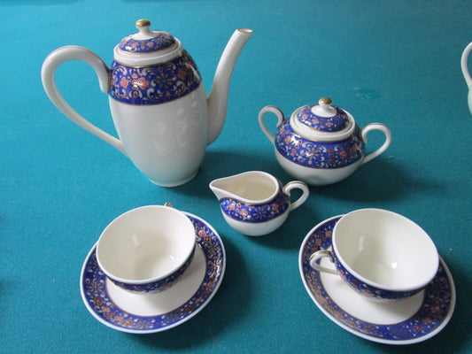 Zsolnay Hungary Coffee Set 7 Pcs  Blue/ Multicolor  Rim 1960s [95b]