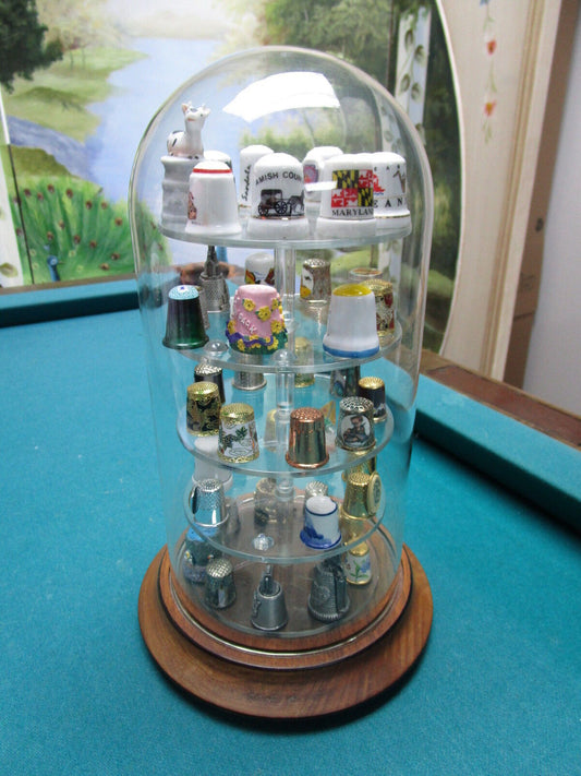 Thimbles Collection under glass dome, 43 assorted thimbles, dome is 11" tall[B]