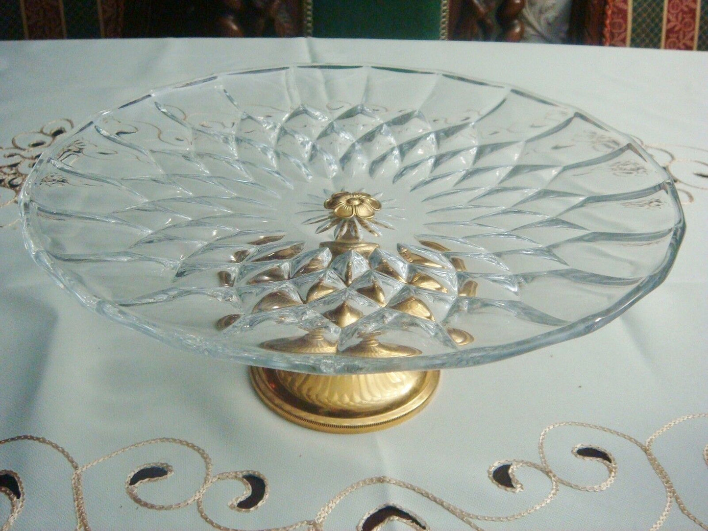 Val St Lambert BRASS FOOTED GLASS PLATTER MADE IN FRANCE