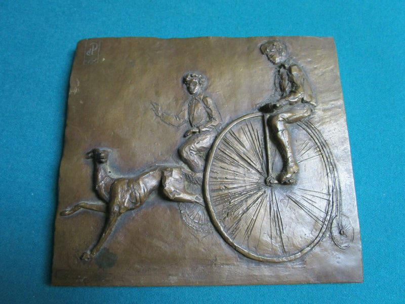 DP CERAMIC PLASTER PLAQUE CHILDREN PLAYING IN BICYCLE 9 1/2 x 8 1/2 B