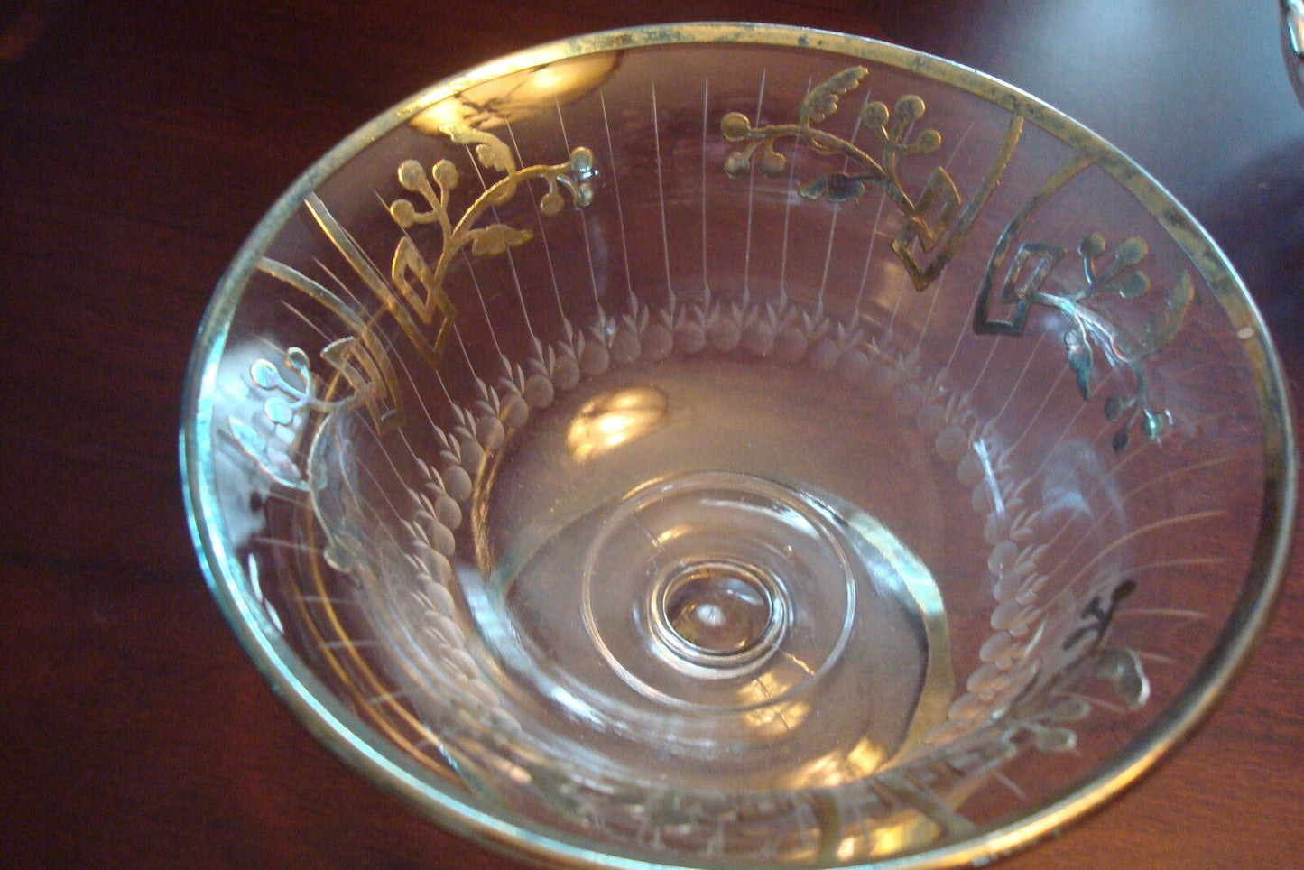 Vintage ROCKWELL Glass Crystal Footed Bowl Sterling Overlay, 3 1/4" [130L]