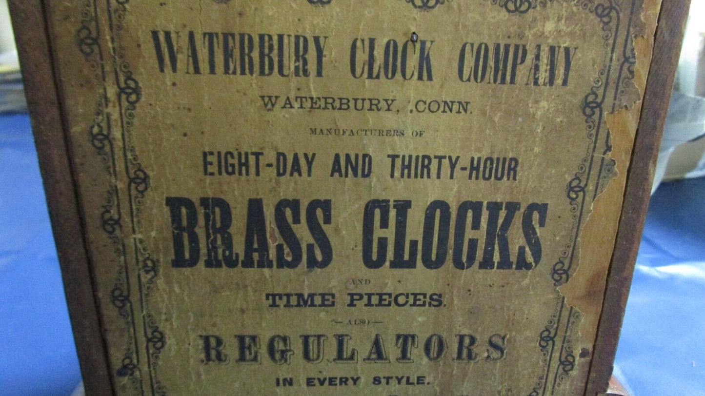 ANTIQUE 1850s WATERBURY KEY CLOCK BRASS REGULATORS GLASS DOOR WORKING 8 DAYS