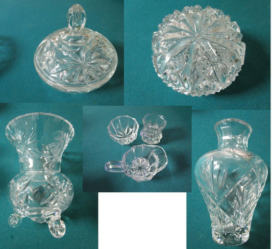 Pressed Cut Glass Vase Bowl Trinket Box- Creamer Sugar Set