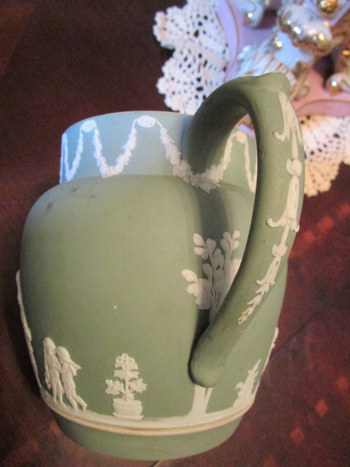 Antique 1800s Wedgwood, England, jug green jasperware, and handle, impressed[*6