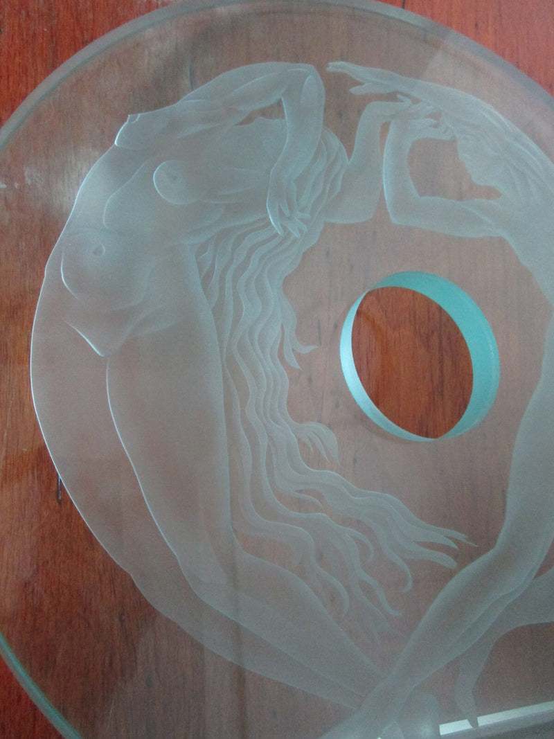 NAKED DIVERS COUPLE TABLE SCULPTURE LARGE 16 X 15 X 6" ETCHED GLASS