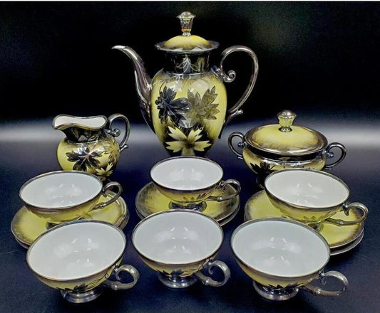 TIRSHENREUTHER GERMANY COFFEE SET BLACK GREEN YELLOW LEAVES PLATINUM 12PCS [84b]