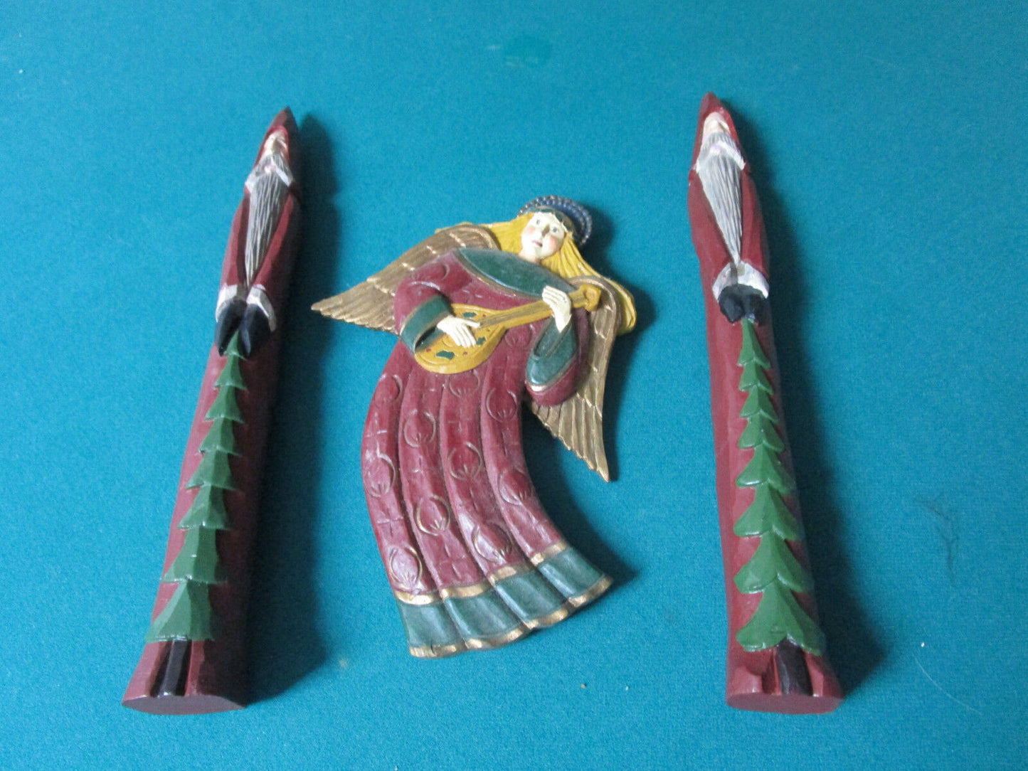 WOODEN CHRISTMAS SCULPTURE PENCIL SANTAS AND ANGEL winter wind