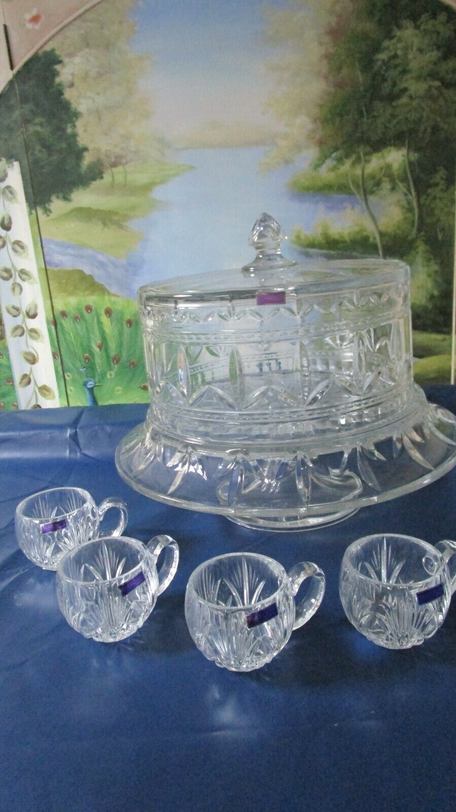 WATERFORD PEDESTAL PUNCH BOWL CAKE STAND FINLEY PATTERN WITH 4 PUNCH GLASSES