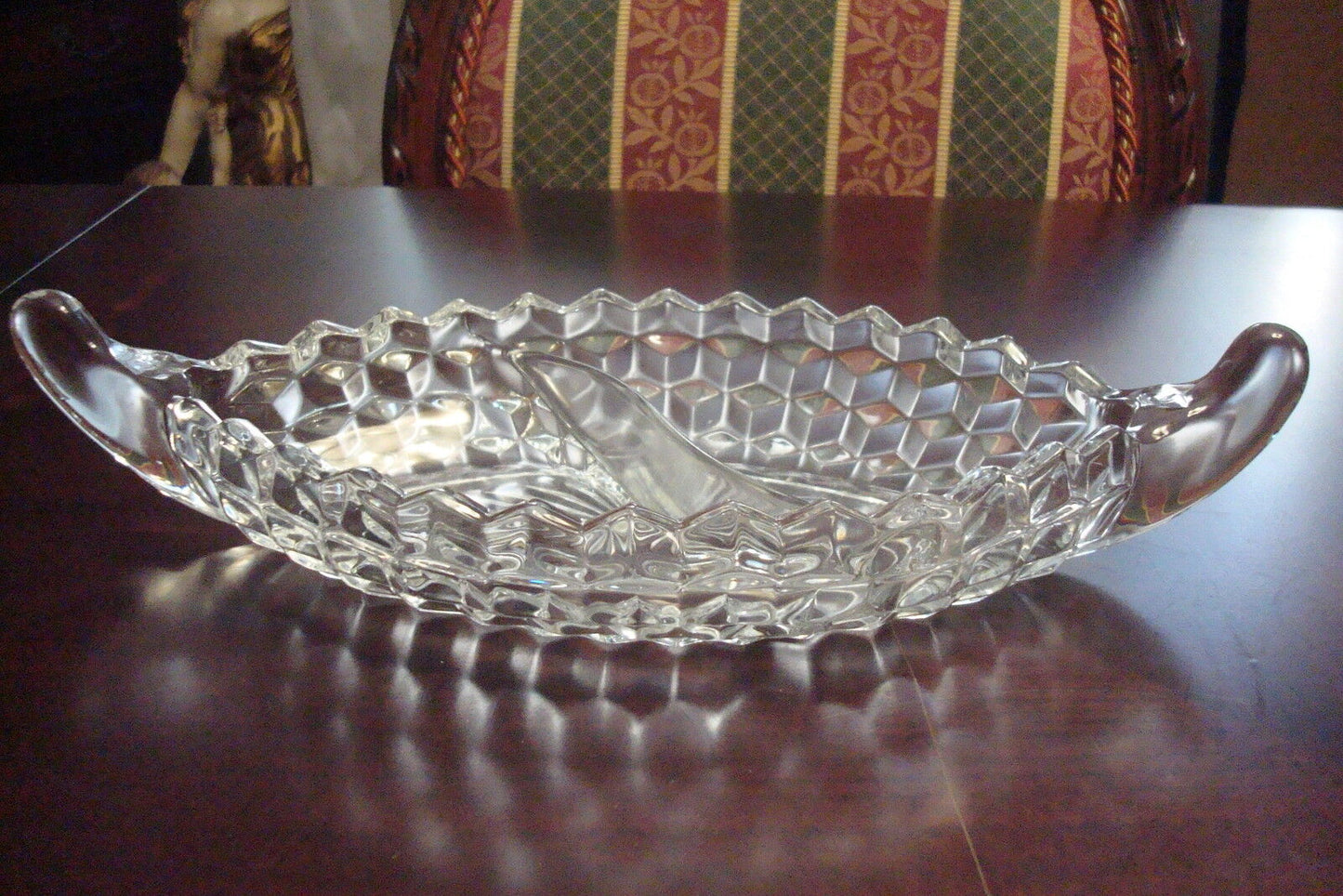 American WHITEHALL CUBIST Pattern glass relish oval tray two handles [GL-13]