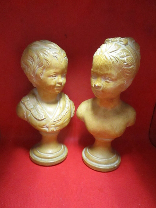 Antique Chalkware pair of children busts 10"