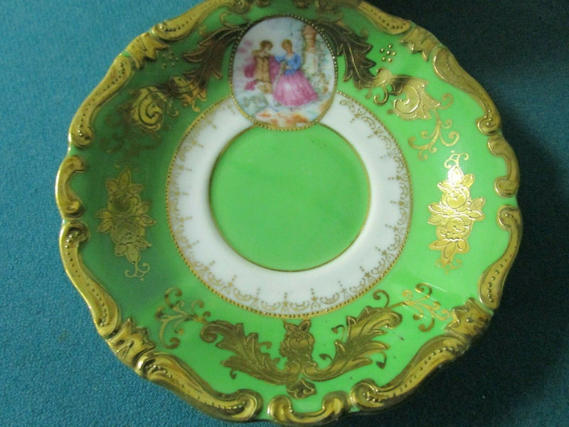 JAPAN LUSTERWARE GREEN FRAGONARD  FLORAL TEA CUP SAUCER [86]