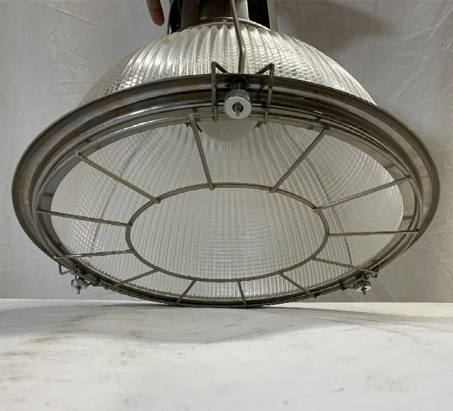 Vintage Holophane Lobay No. 685 hanging lap fixture industrial cage