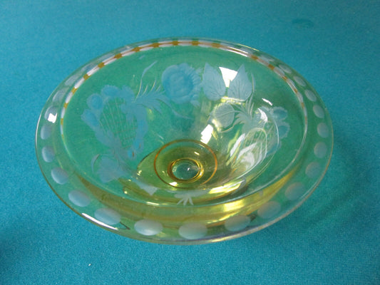 Vintage EAPG  YELLOW ETCHED FOOTED BOWL CRYSTAL GLASS [*GLW7]