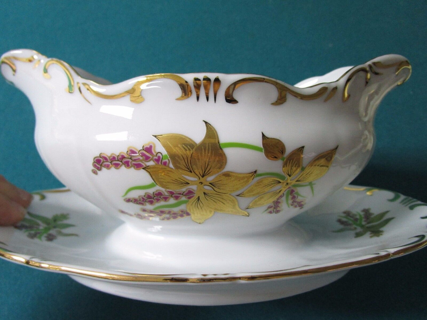 Zsolnay Hungary Gravy Boat Attached Underplate Golden Iris 1940s [58]