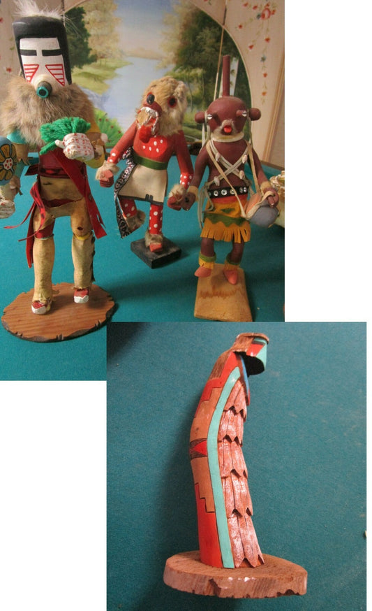 KACHINAS HOPI INDIAN SIGNED, WOLF, MUDHEAD, POWAMU DANCER - R. PINO FEATHER PICK