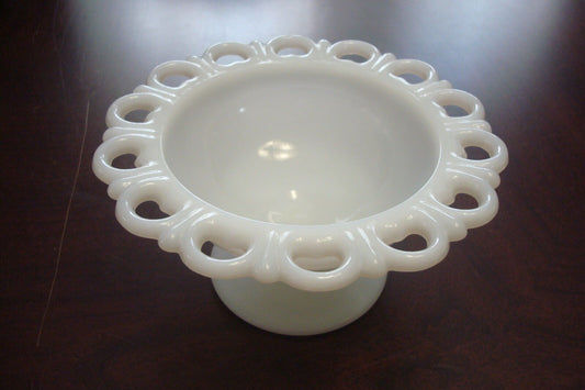 Anchor Hocking open lace milk glass candy dish, footed[10]