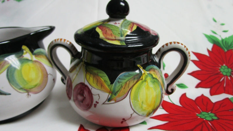 DERUTA ITALY DIP A MANO CERAMIC BOWL PLATES CUP SAUCER FRUITS BLACK RIM PICK 1