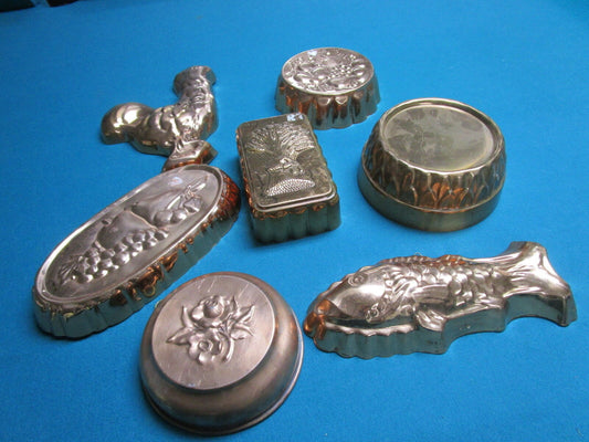 7 gelatine molds, copper and silverplate, with hangers ORIGINAL 1950'S