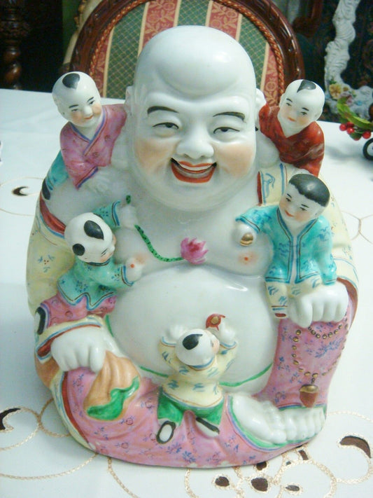 Antique Chinese Republic Famille Rose Porcelain Bisque Buddha With Children[2]