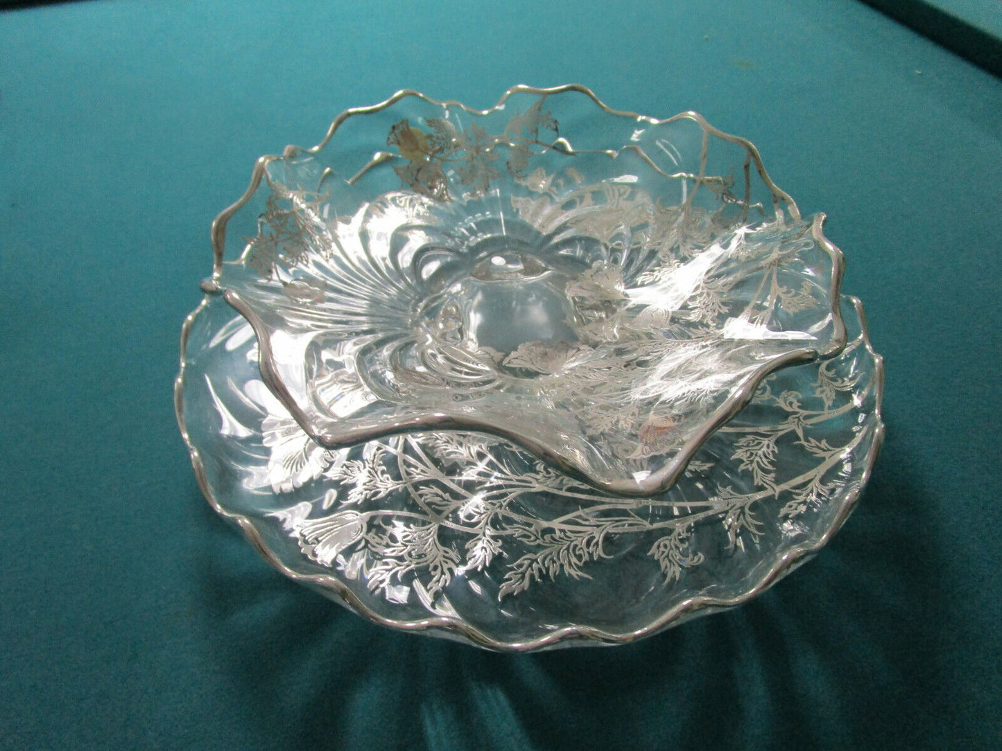 VINTAGE HEISEY GLASS SILVER OVERLAY FLORAL TRAY BOWL CANDLE HOLDER -PICK ONE