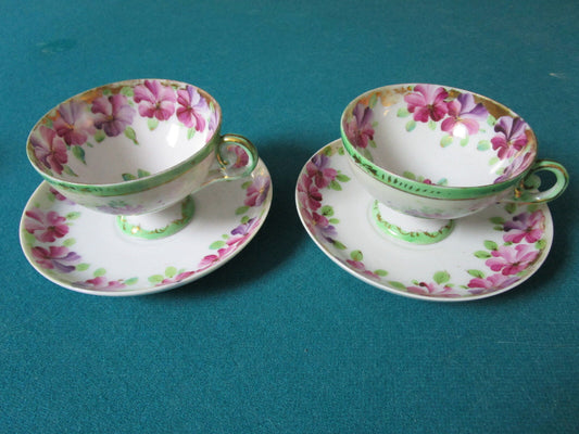 Midcentury Cups And Saucers Made In Japan Purple Pink Flowers Gorgeous