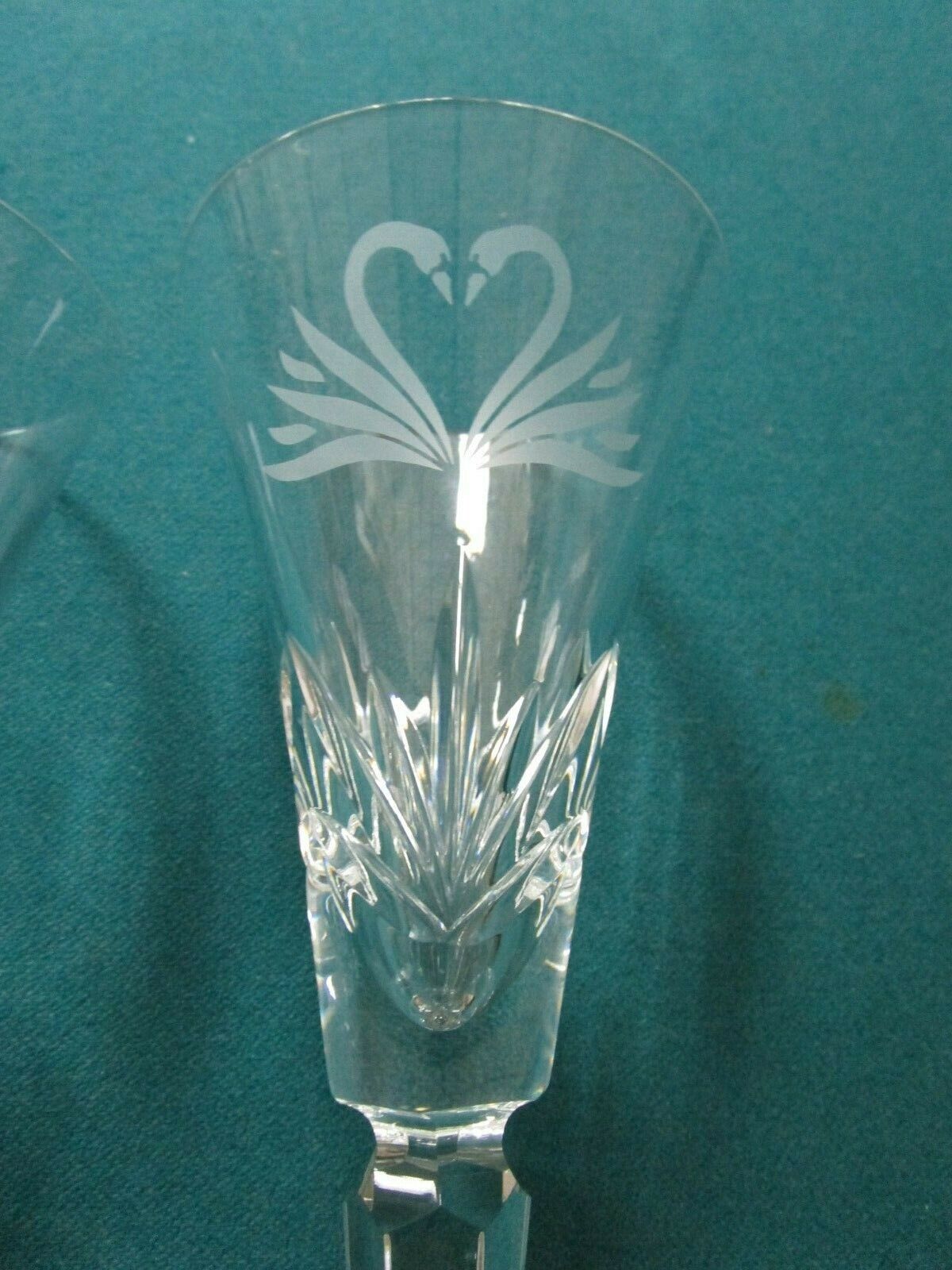 WATERFORD CRYSTAL PAIR CHAMPAGNE GOBLETS SWANS HEART ETCH