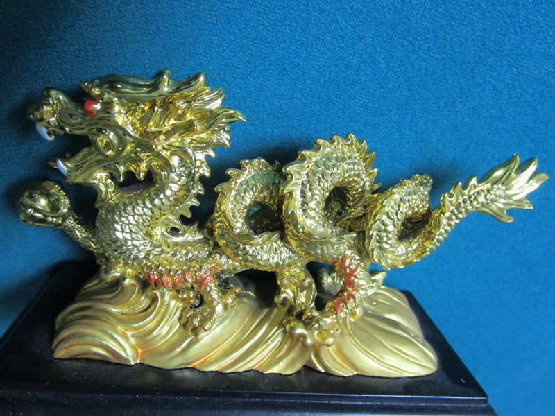 Chinese Modern Golden Dragon With Ball Metal Paperweight 6 1/2"