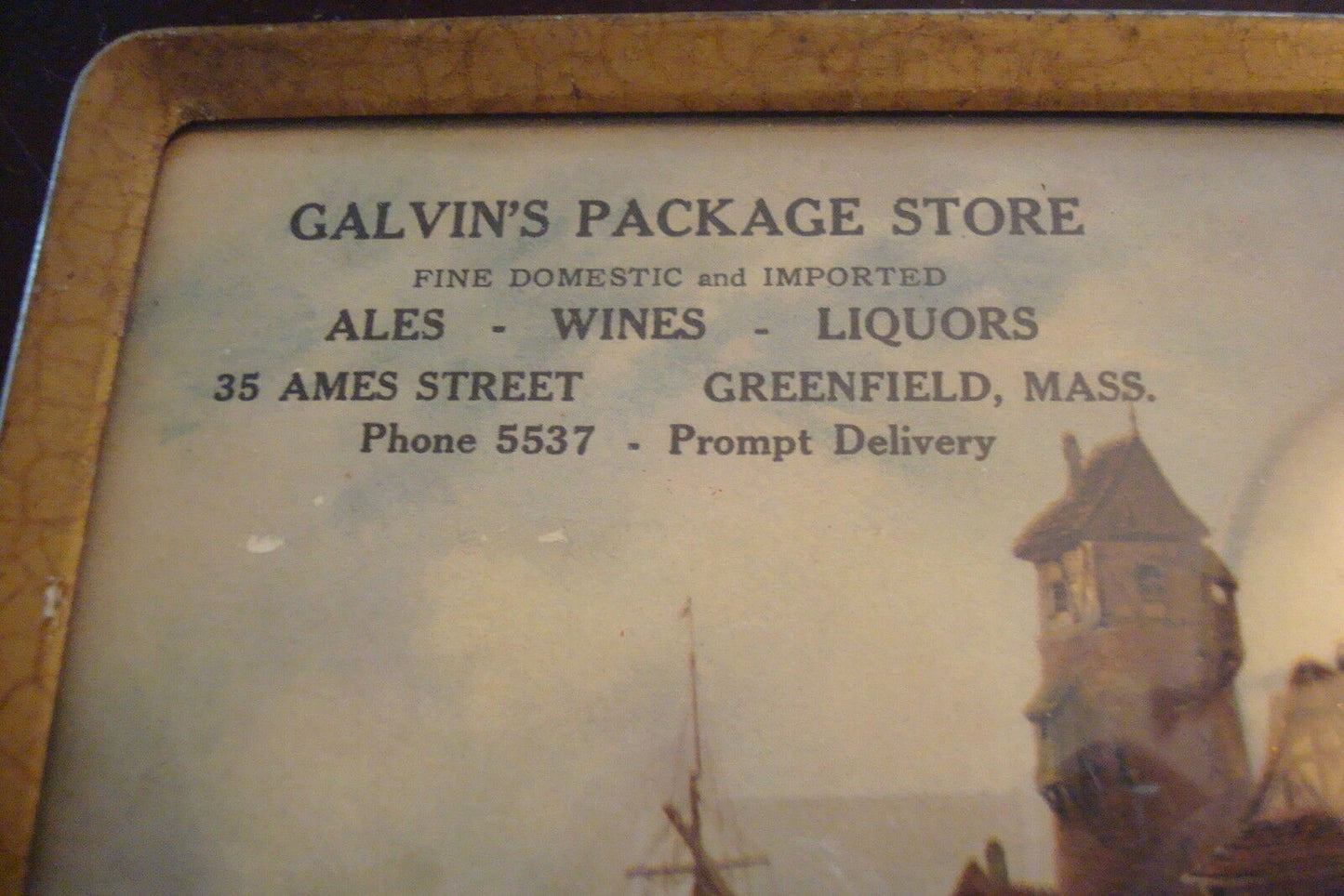 Advertising tin sign with thermometer "Galvin Package Store" 8" by 6"[pasill]