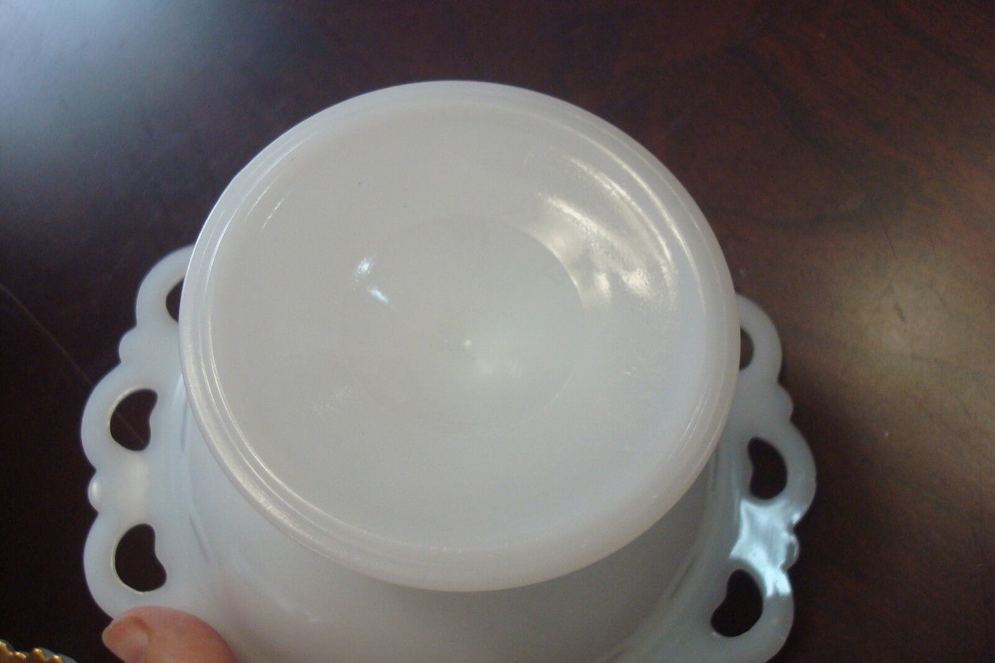 Anchor Hocking open lace milk glass candy dish, footed[10]