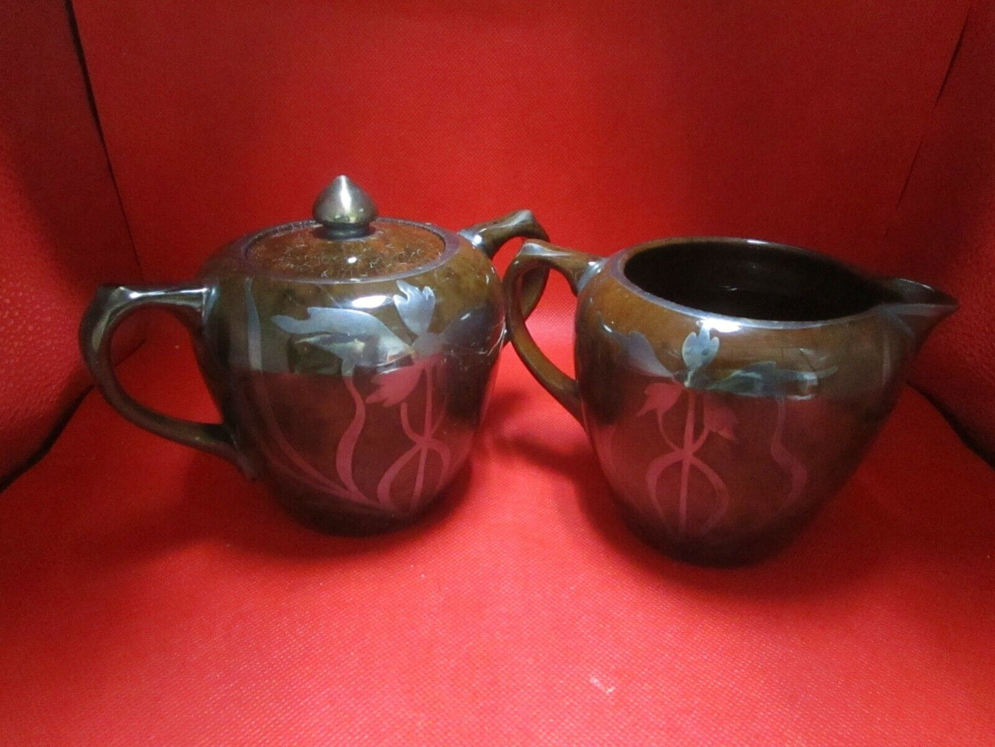 Brown Pottery sterling silver overlay creamer and sugar 4 1/2"