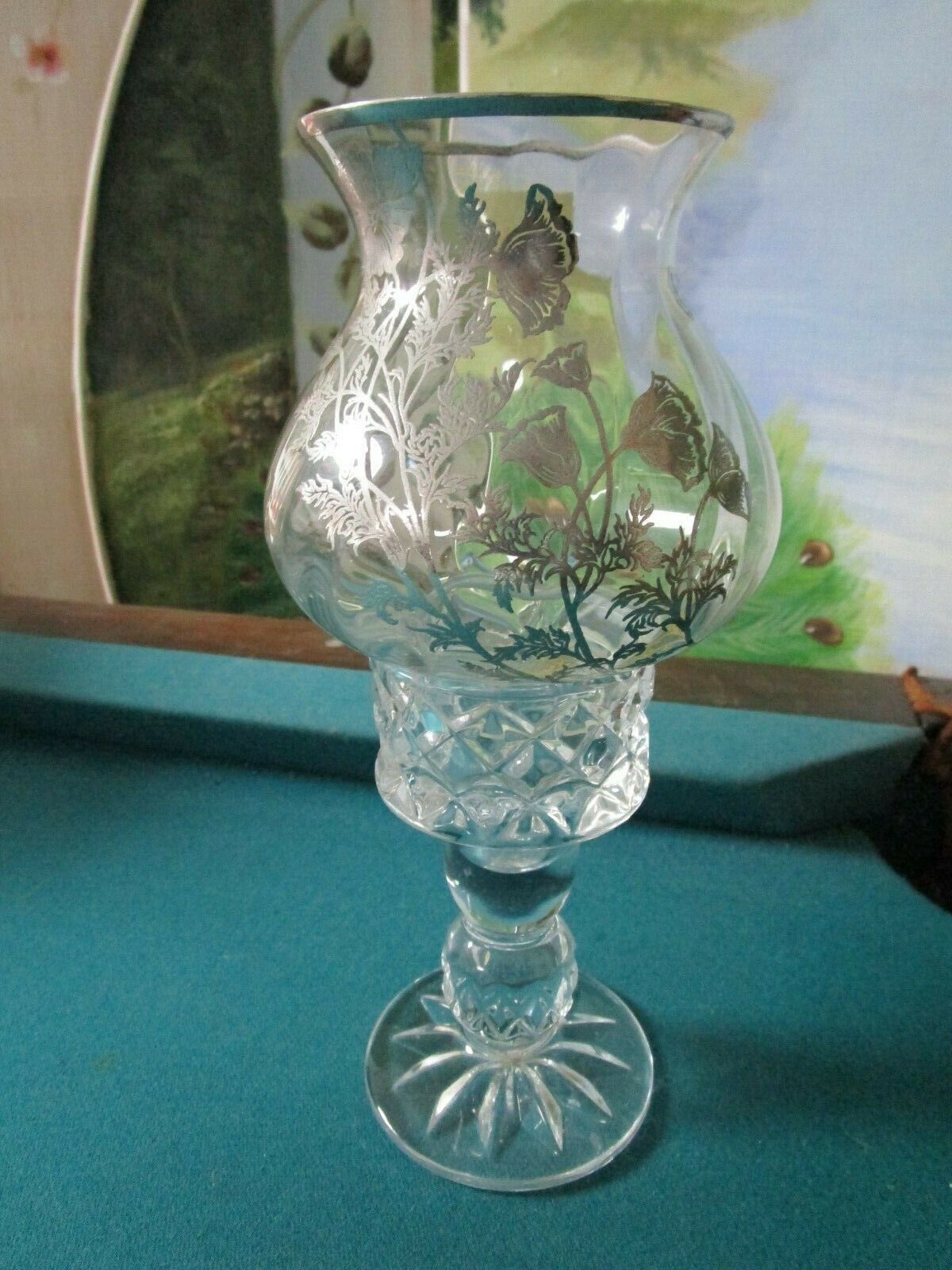 Victorian Glass Silver Overlay Candleholder, Sterling Vase, Cruet Apothecary Pic