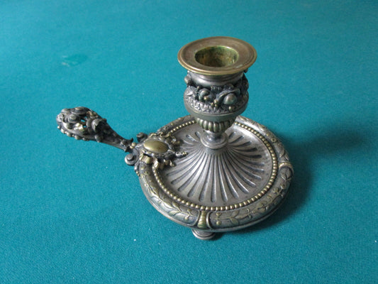 VICTORIAN BRASS REPOUSSE MEDALLION CANDLE HOLDER WITH HANDLE 4 X 7" original