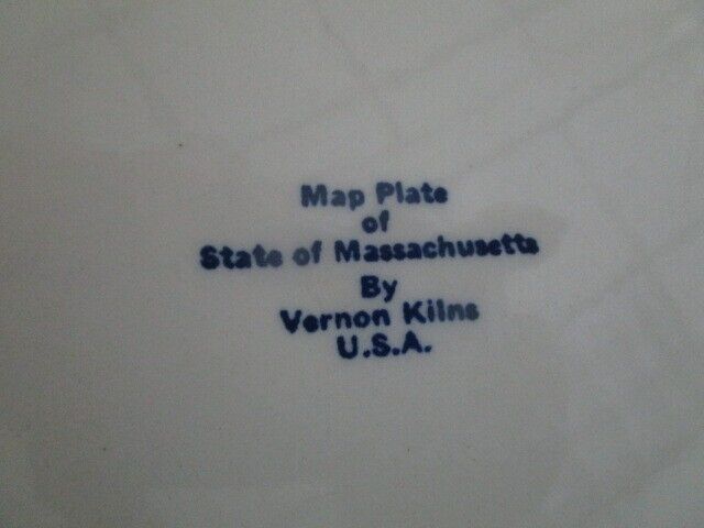 Vernon Kilns State of Massachusetts Collectible Map Plate Blue White