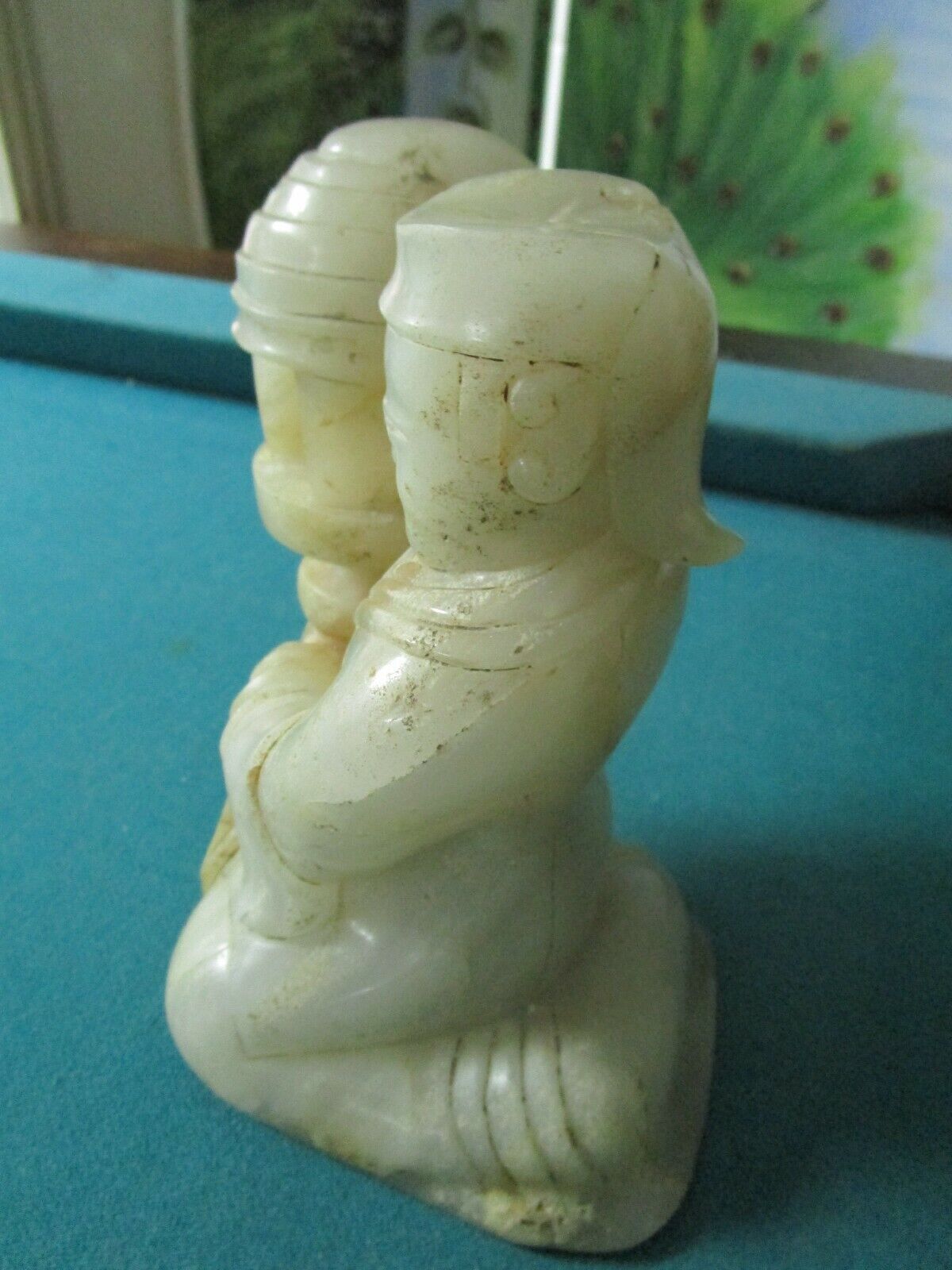 ANTIQUE CHINESE 1920s MARBLE SCULPTURE MAN WITH A LAMP IN ORIGINAL SILK BOX 6"