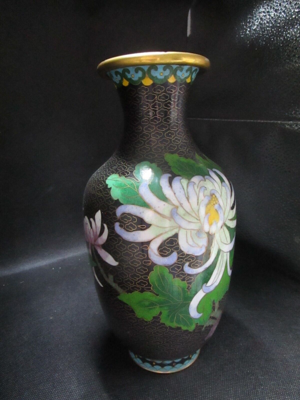 Vintage Chinese Coisonne Enamel Chrysanthemum on black and  Bluebird 9"